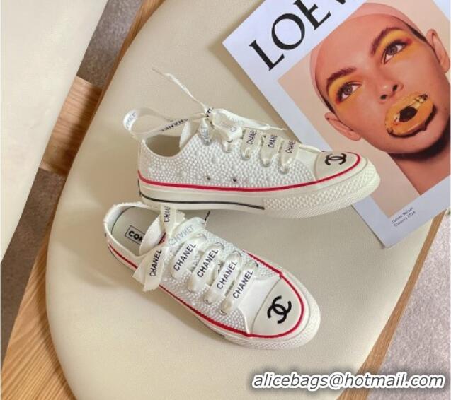 Luxurious Chanel x Converse Canvas Pearl Allover Low-top Sneakers White/Red 092369