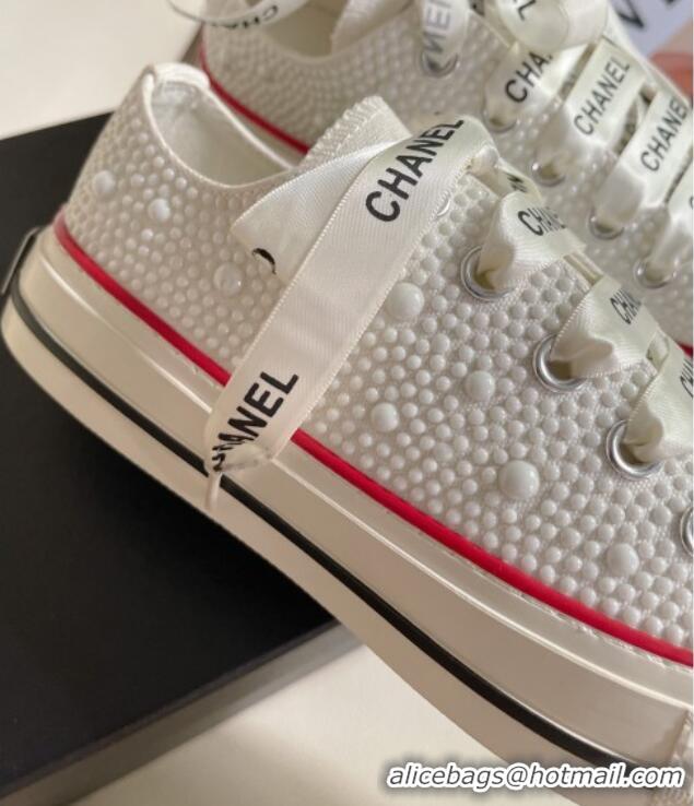 Luxurious Chanel x Converse Canvas Pearl Allover Low-top Sneakers White/Red 092369