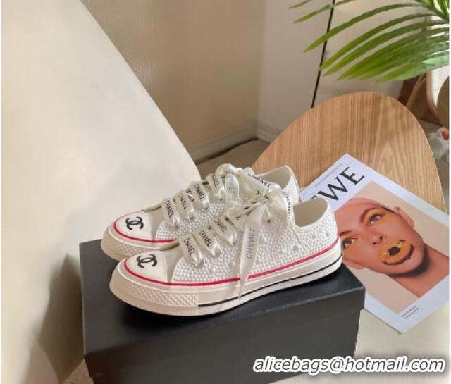 Luxurious Chanel x Converse Canvas Pearl Allover Low-top Sneakers White/Red 092369