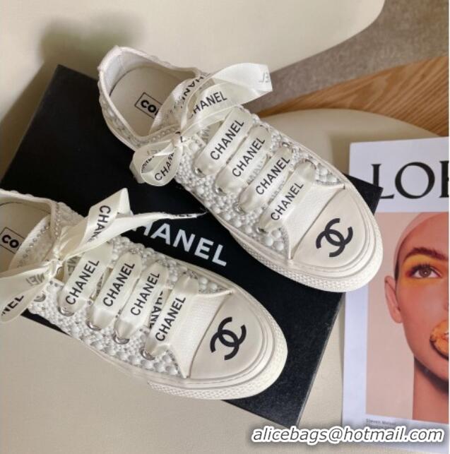 Cheap Price Chanel x Converse Canvas Pearl Allover Low-top Sneakers White/Black 092370