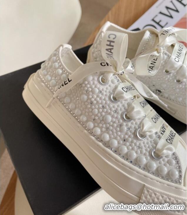 Cheap Price Chanel x Converse Canvas Pearl Allover Low-top Sneakers White/Black 092370