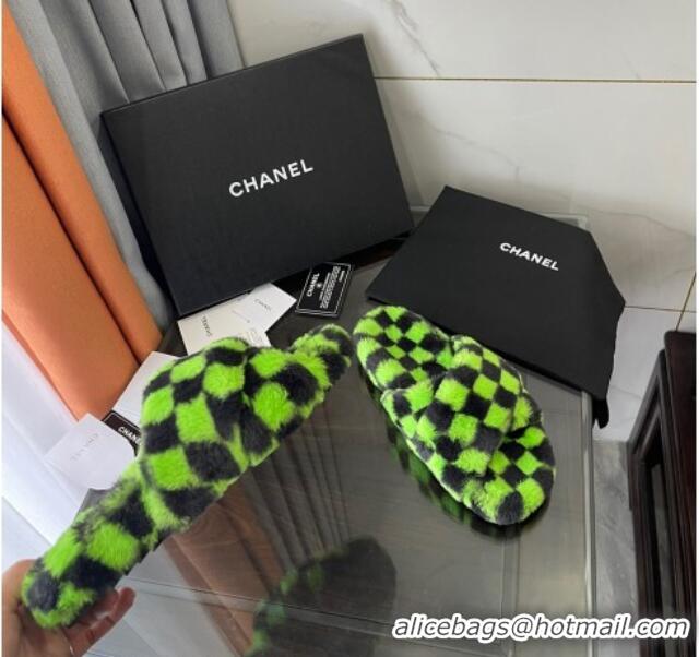 Best Price Chanel Wool Check Flat Sandals 092376 Green