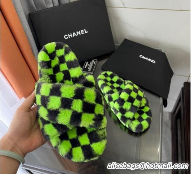 Best Price Chanel Wool Check Flat Sandals 092376 Green