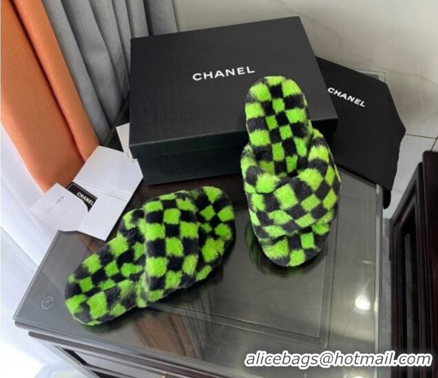 Best Price Chanel Wool Check Flat Sandals 092376 Green