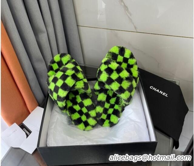 Best Price Chanel Wool Check Flat Sandals 092376 Green