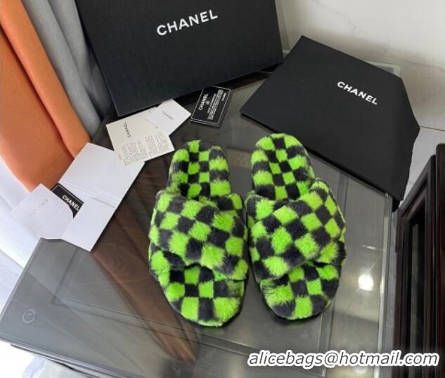 Best Price Chanel Wool Check Flat Sandals 092376 Green