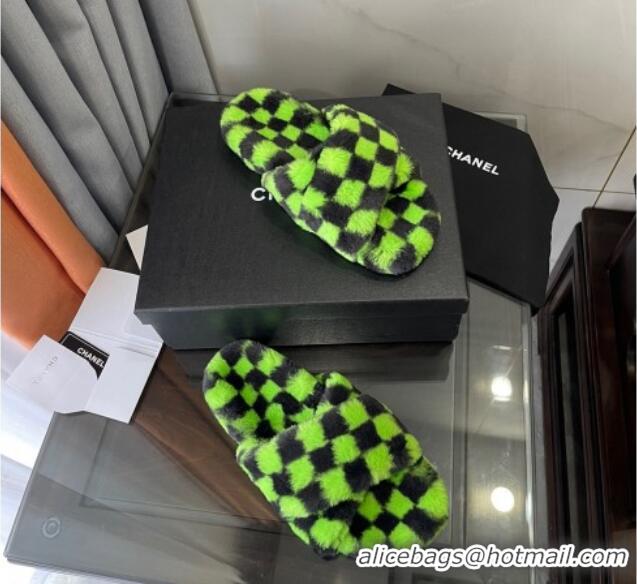 Best Price Chanel Wool Check Flat Sandals 092376 Green