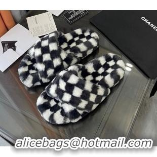 Top Design Chanel Wool Check Flat Sandals 092376 Black/White