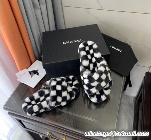 Top Design Chanel Wool Check Flat Sandals 092376 Black/White