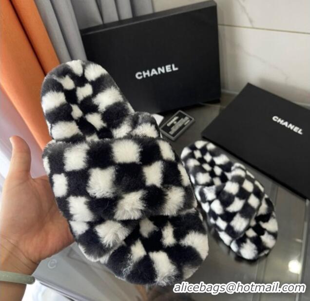 Top Design Chanel Wool Check Flat Sandals 092376 Black/White