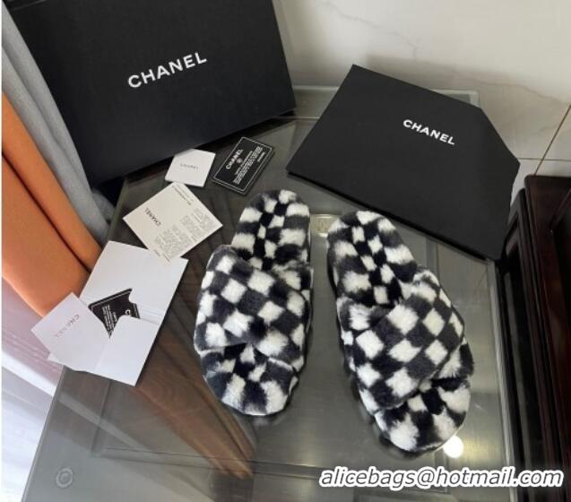 Top Design Chanel Wool Check Flat Sandals 092376 Black/White