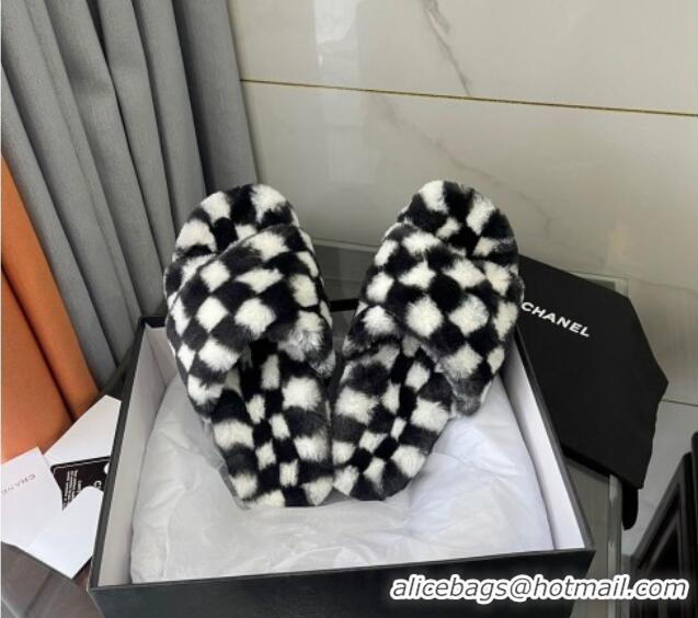 Top Design Chanel Wool Check Flat Sandals 092376 Black/White