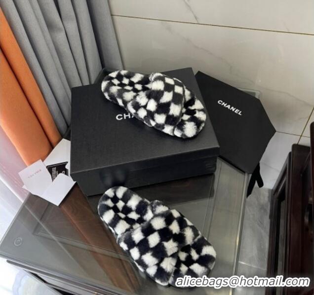 Top Design Chanel Wool Check Flat Sandals 092376 Black/White