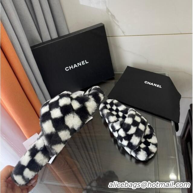 Top Design Chanel Wool Check Flat Sandals 092376 Black/White