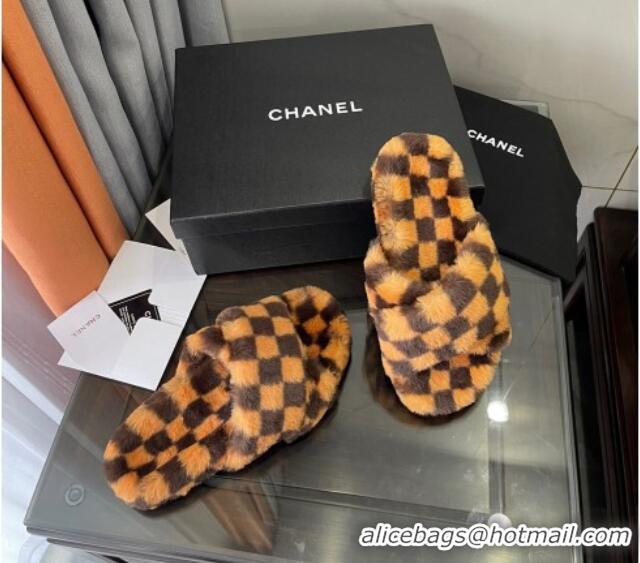 Best Grade Chanel Wool Check Flat Sandals 092376 Brown