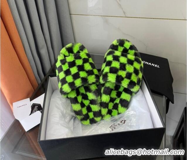 Discount Chanel Wool Check Flat Sandals 092374 Green