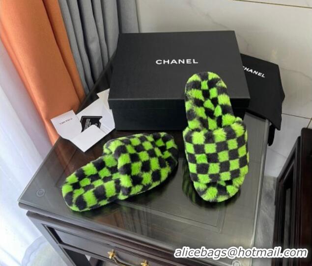 Discount Chanel Wool Check Flat Sandals 092374 Green