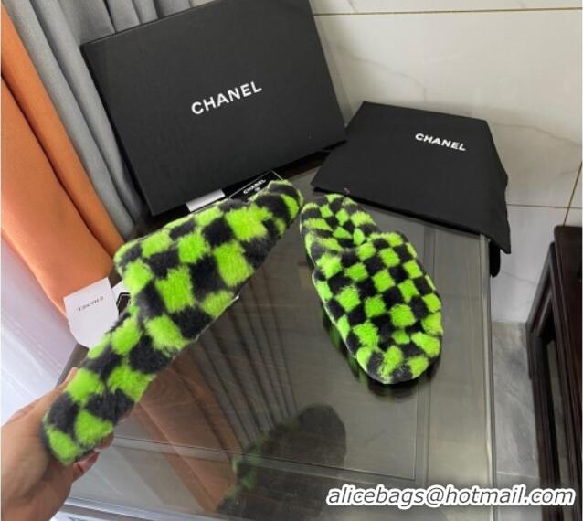 Discount Chanel Wool Check Flat Sandals 092374 Green