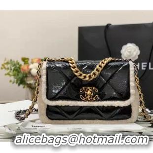 New Discount Chanel Flap 19 Patent Leather Medium 21B Shearling Wool Shoulder Bag 507835 Black