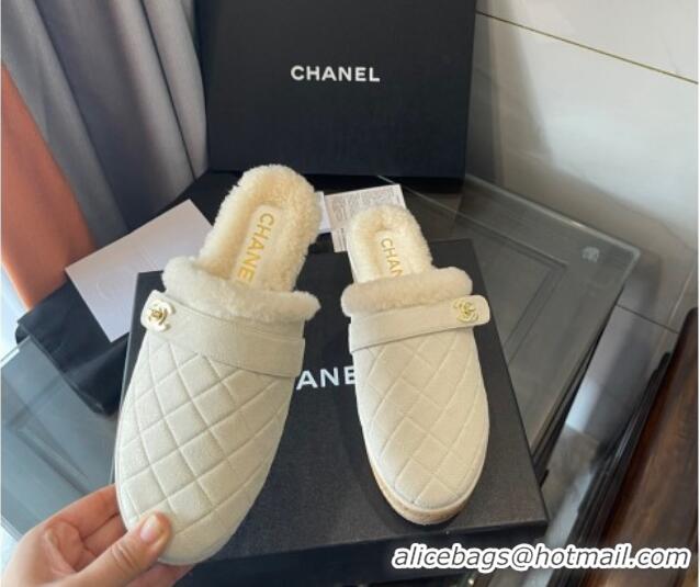 Good Looking Chanel Suede and Shearling Clogs Mules 4.5cm G38271 White