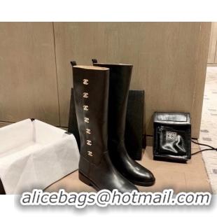 Popular Style Chanel Calfskin CC Button High Boots 092401 Black