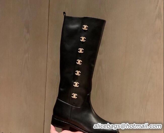 Popular Style Chanel Calfskin CC Button High Boots 092401 Black