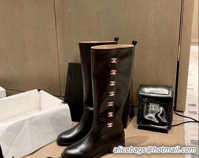 Popular Style Chanel Calfskin CC Button High Boots 092401 Black