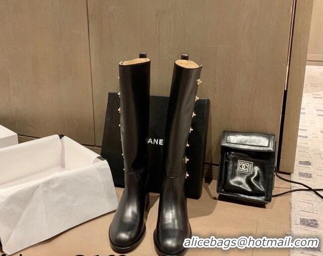 Popular Style Chanel Calfskin CC Button High Boots 092401 Black