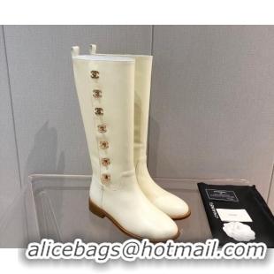 Charming Chanel Calfskin CC Button High Boots 092401 White