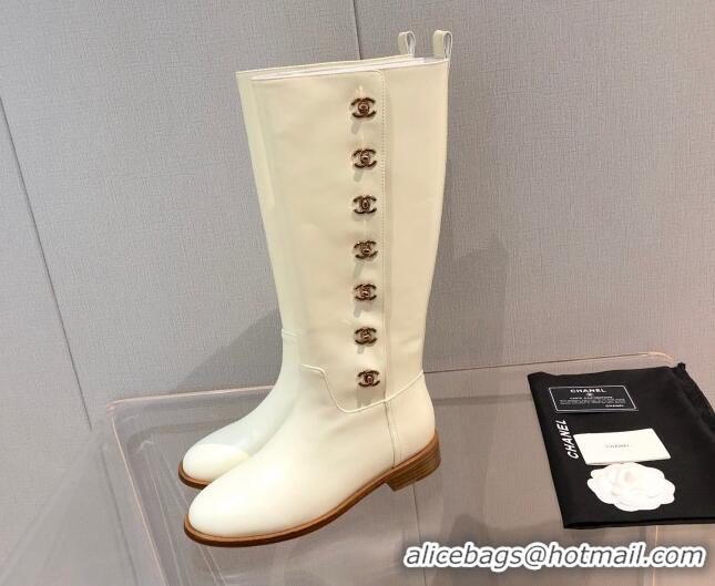 Charming Chanel Calfskin CC Button High Boots 092401 White