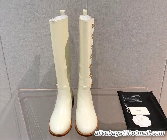 Charming Chanel Calfskin CC Button High Boots 092401 White