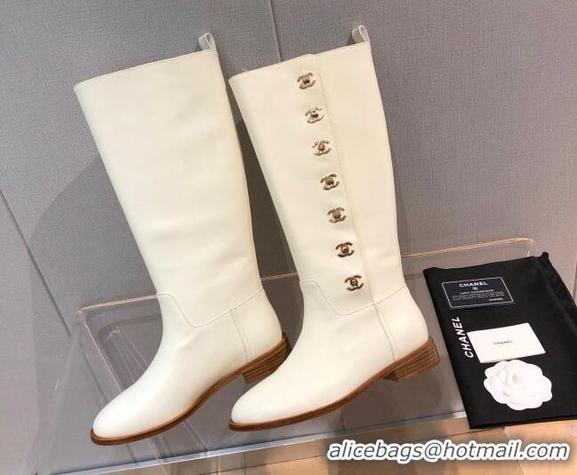 Charming Chanel Calfskin CC Button High Boots 092401 White