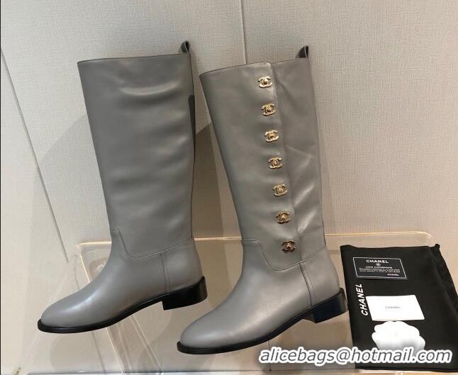 Low Cost Chanel Calfskin CC Button High Boots 092401 Gray