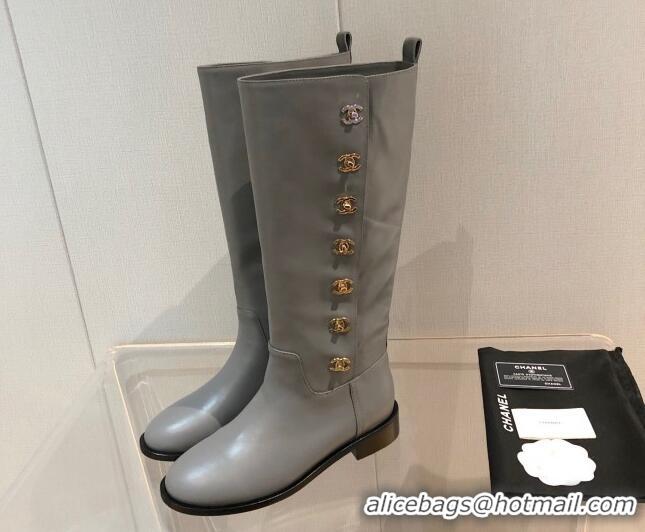 Low Cost Chanel Calfskin CC Button High Boots 092401 Gray