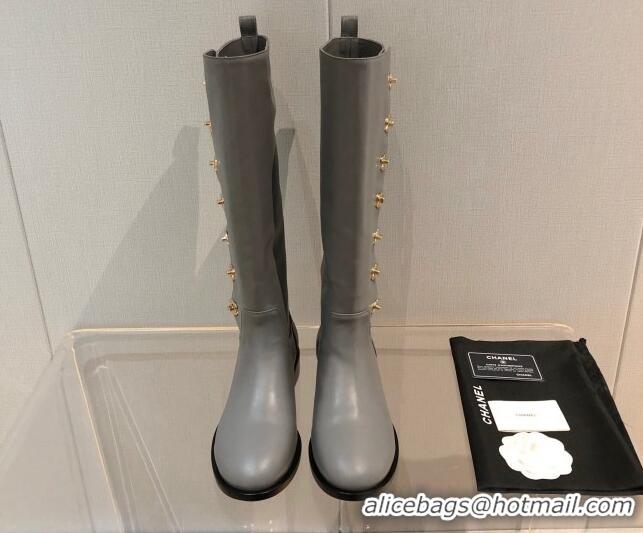 Low Cost Chanel Calfskin CC Button High Boots 092401 Gray