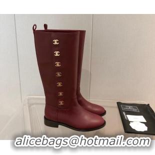 Most Popular Chanel Calfskin CC Button High Boots 092401 Burgundy