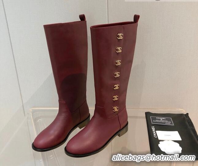 Most Popular Chanel Calfskin CC Button High Boots 092401 Burgundy