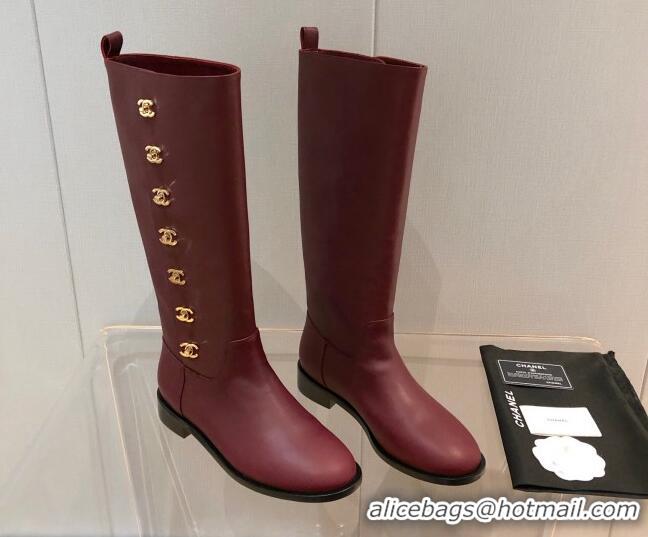 Most Popular Chanel Calfskin CC Button High Boots 092401 Burgundy