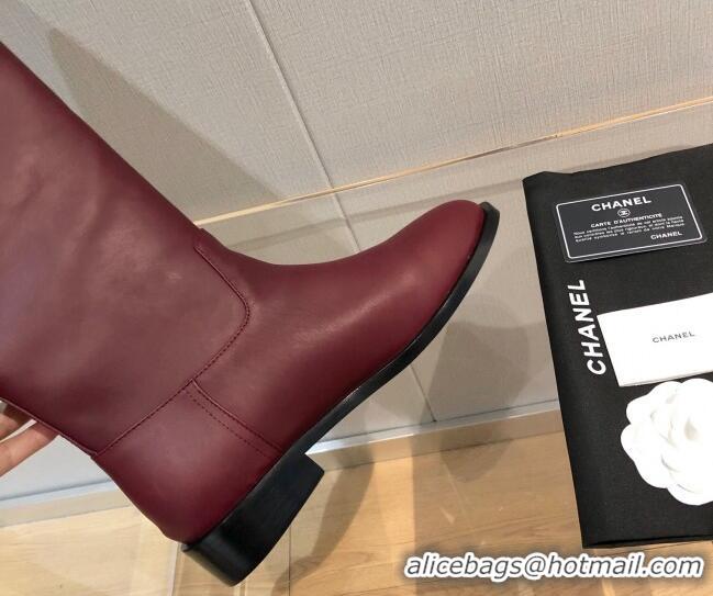 Most Popular Chanel Calfskin CC Button High Boots 092401 Burgundy