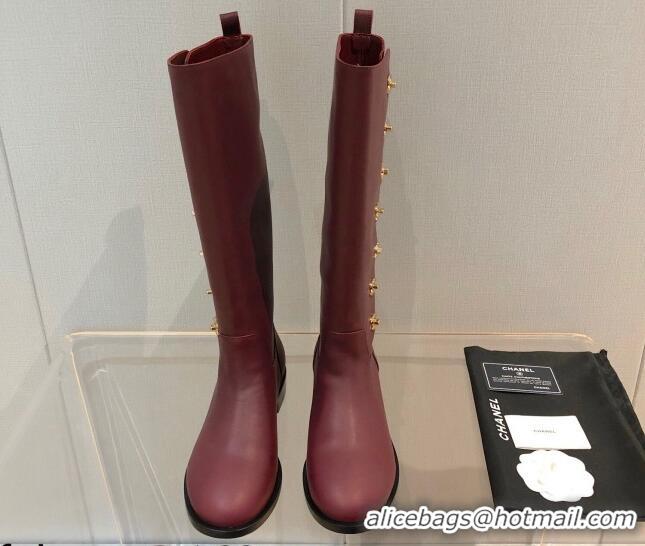 Most Popular Chanel Calfskin CC Button High Boots 092401 Burgundy