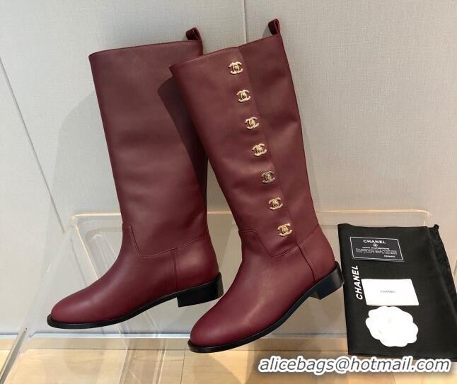 Most Popular Chanel Calfskin CC Button High Boots 092401 Burgundy