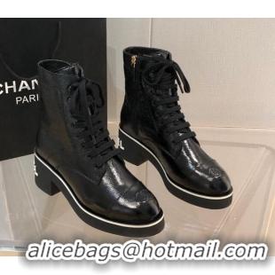 Shop Duplicate Chanel Shiny Crumpled Lambskin Ankle Boots with White Logo 092405 Black