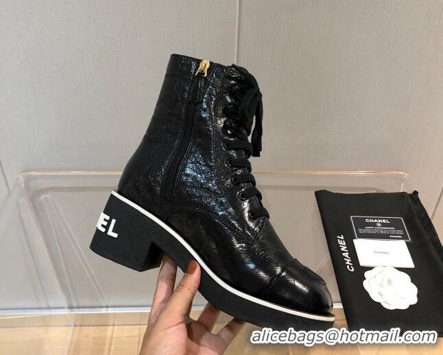 Shop Duplicate Chanel Shiny Crumpled Lambskin Ankle Boots with White Logo 092405 Black