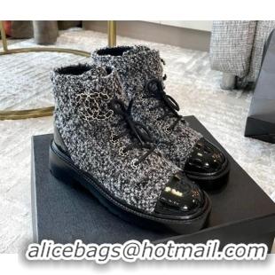 Top Grade Chanel Tweed Lace-ups Ankle Boots G36424 Black