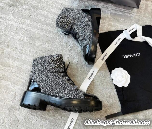 Top Grade Chanel Tweed Lace-ups Ankle Boots G36424 Black