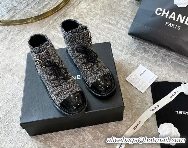 Top Grade Chanel Tweed Lace-ups Ankle Boots G36424 Black