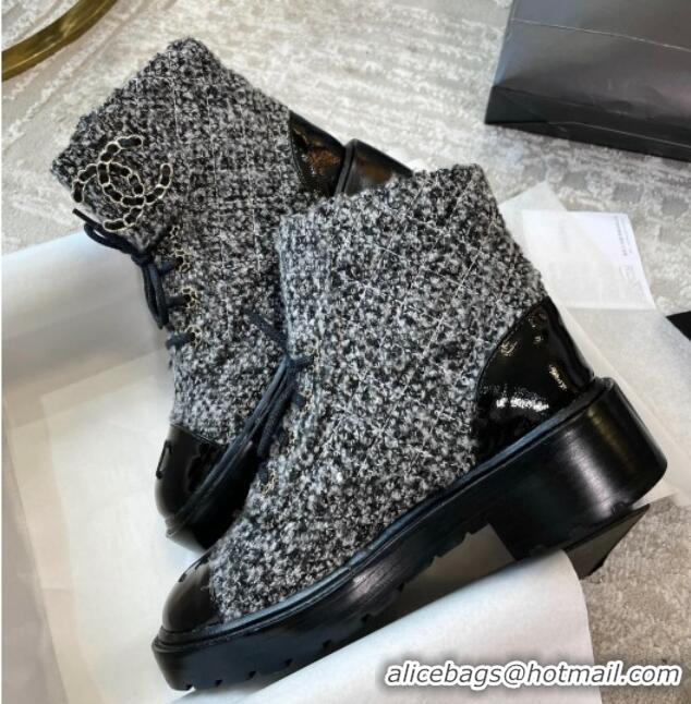 Top Grade Chanel Tweed Lace-ups Ankle Boots G36424 Black