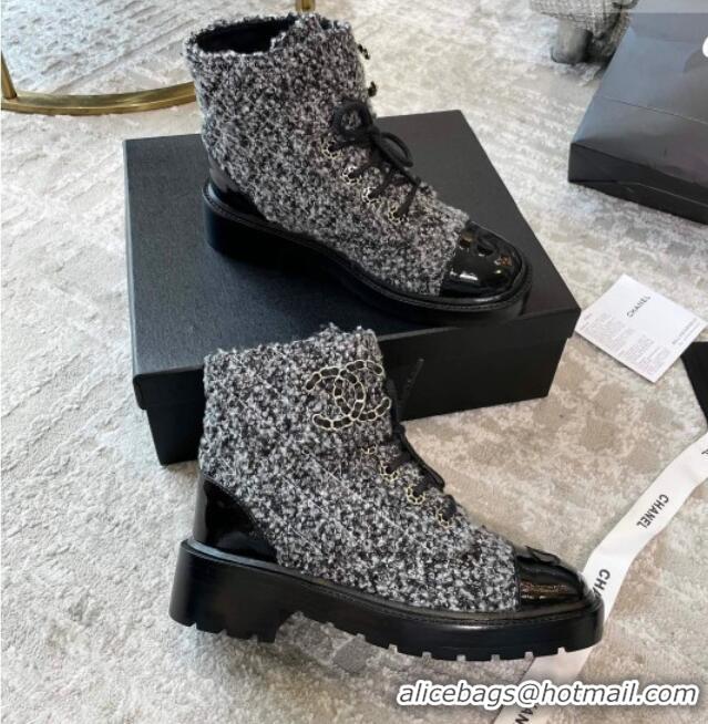 Top Grade Chanel Tweed Lace-ups Ankle Boots G36424 Black