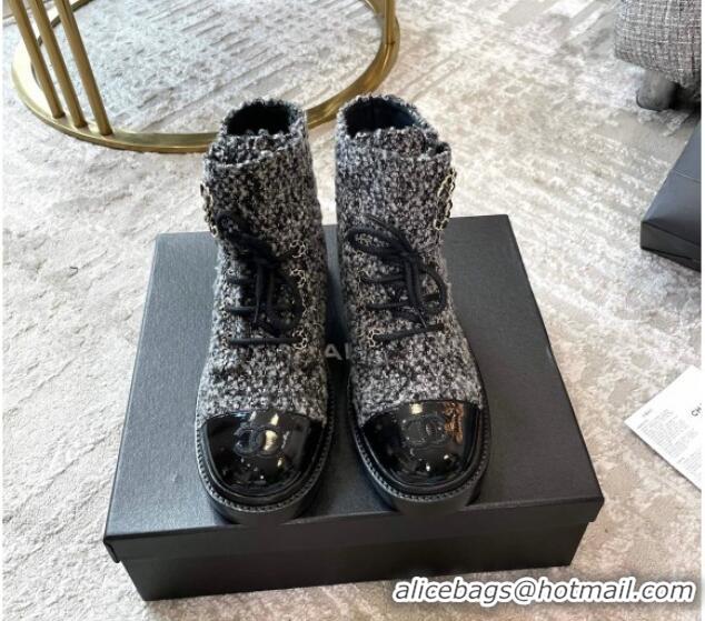 Top Grade Chanel Tweed Lace-ups Ankle Boots G36424 Black