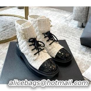 Discount Chanel Tweed Lace-ups Ankle Boots G36424 White